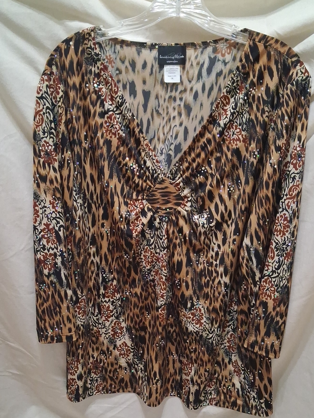 Brittany Black Brown Leopard Print V-Neck Tunic with Floral Accents